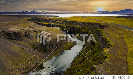 Aerial View of Icelandic Canyon with Waterfalls and Winding River Aerial View of Icelandic Canyon with Waterfalls and Winding River 139907090