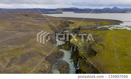 Aerial View of Icelandic Canyon with Waterfalls and Winding River Aerial View of Icelandic Canyon with Waterfalls and Winding River 139907098
