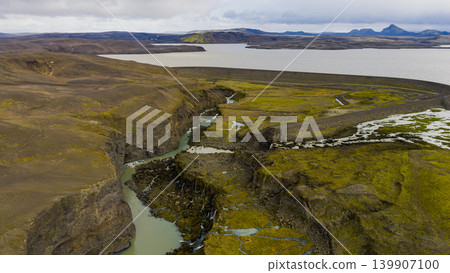 Aerial View of Icelandic Canyon with River and Moss Covered Terrain Aerial View of Icelandic Canyon with River and Moss Covered Terrain 139907100