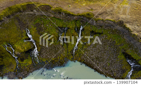 Aerial View of Icelandic Waterfalls Cascading into Glacial River Aerial View of Icelandic Waterfalls Cascading into Glacial River 139907104