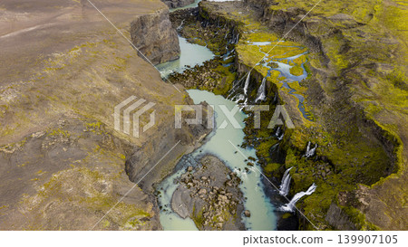 Aerial View of Icelandic Canyon with River and Waterfalls 139907105