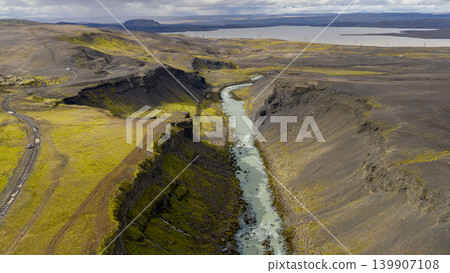Aerial View of Icelandic Canyon with River, Lake, and Volcanic Terrain Aerial View of Icelandic Canyon with River, Lake, and Volcanic Terrain 139907108