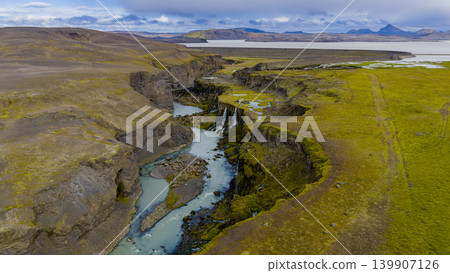 Aerial View of Icelandic Canyon with Waterfalls and Winding River Aerial View of Icelandic Canyon with Waterfalls and Winding River 139907126