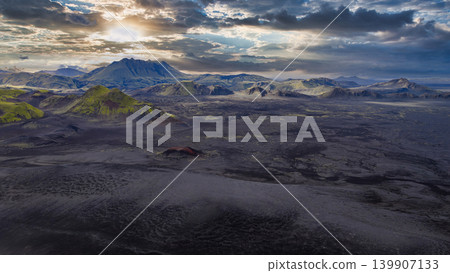 Aerial View of Iceland's Volcanic Landscape with Mountain Range Aerial View of Iceland's Volcanic Landscape with Mountain Range 139907133