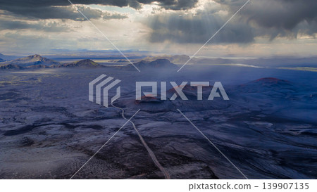 Aerial View of Iceland's Volcanic Landscape with Red Craters Aerial View of Iceland's Volcanic Landscape with Red Craters 139907135