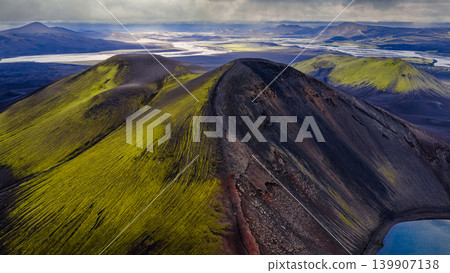 Aerial View of Iceland's Volcanic Ridges and Crater Lake Aerial View of Iceland's Volcanic Ridges and Crater Lake 139907138