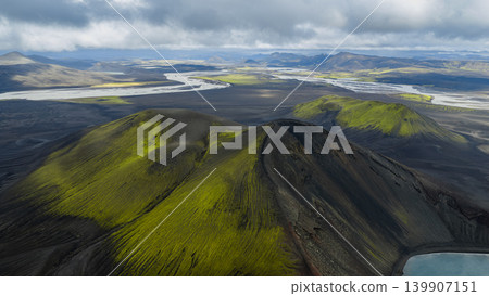 Aerial View of Iceland's Volcanic Landscape with River and Lake Aerial View of Iceland's Volcanic Landscape with River and Lake 139907151