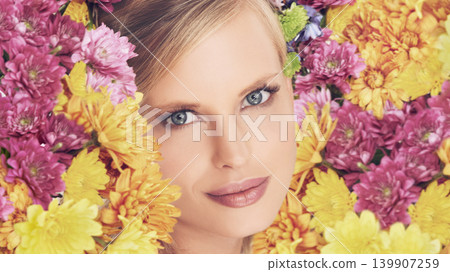 Woman, portrait and flowers with makeup for beauty, creativity and wellness with spring aesthetic and floral art. Model, organic cosmetics and carnation plants for facial glow, smile and flowerbed Woman, portrait and flowers with makeup for beauty, creativity and wellness with spring aesthetic and floral art. Model, organic cosmetics and carnation plants for facial glow, smile and flowerbed 139907259
