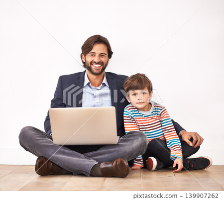 Happy father, child and portrait with laptop on floor for learning, online education and bonding with boy at home. Kid, smile and dad on computer for internet, love and connection of family together Happy father, child and portrait with laptop on floor for learning, online education and bonding with boy at home. Kid, smile and dad on computer for internet, love and connection of family together 139907262