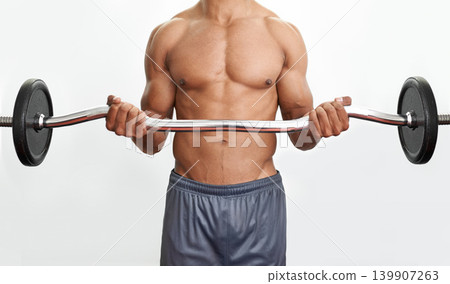 Man, weightlifting and barbell workout for muscle strength on white background or training, fitness or performance. Bodybuilder, arms and curl exercise in studio for gym routine, topless or mockup Man, weightlifting and barbell workout for muscle strength on white background or training, fitness or performance. Bodybuilder, arms and curl exercise in studio for gym routine, topless or mockup 139907263