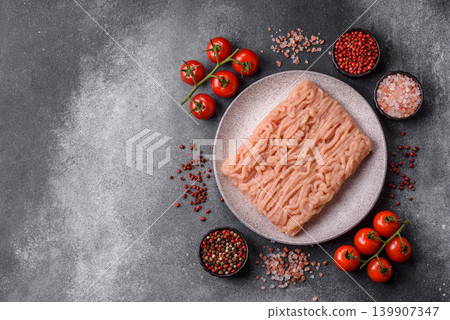 Raw fresh ground chicken, turkey, or pork for burgers or meatballs. Raw ground chicken Raw fresh ground chicken, turkey, or pork for burgers or meatballs. Raw ground chicken 139907347