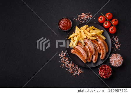 Grilled or barbecued chicken sausages for the dinner table. Grilled sausages Grilled or barbecued chicken sausages for the dinner table. Grilled sausages 139907361