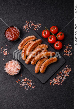 Grilled or barbecued chicken sausages for the dinner table. Grilled sausages 139907362