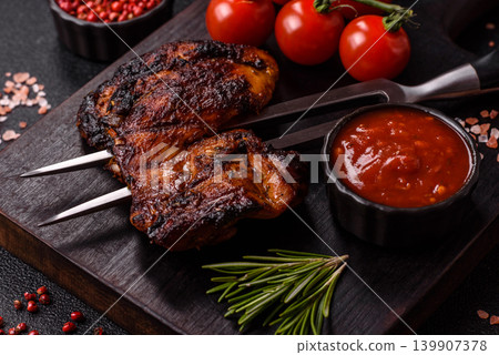 Chicken or turkey, poultry breast baked on the grill or barbecue. Grilled chicken Chicken or turkey, poultry breast baked on the grill or barbecue. Grilled chicken 139907378