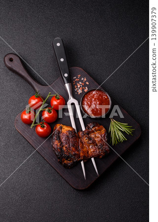 Chicken or turkey, poultry breast baked on the grill or barbecue. Grilled chicken 139907379