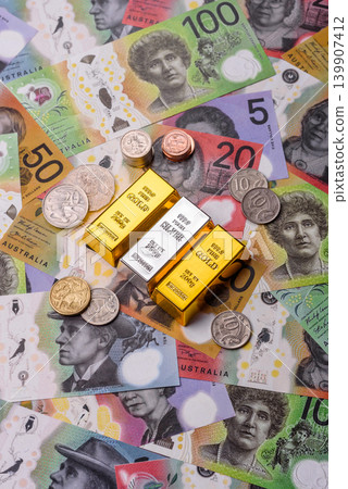 Gold and silver bullion or ingots as metals for bank storage, investments. Gold and silver bars Gold and silver bullion or ingots as metals for bank storage, investments. Gold and silver bars 139907412
