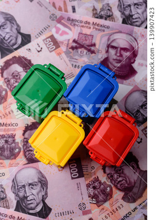 Bins for garbage, a conceptual background for selective and recycling waste disposal. Bins for trash Bins for garbage, a conceptual background for selective and recycling waste disposal. Bins for trash 139907423
