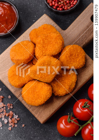 Fried chicken nuggets with sauce, salt, and spices, fast food, unhealthy food. Chicken nuggets Fried chicken nuggets with sauce, salt, and spices, fast food, unhealthy food. Chicken nuggets 139907479