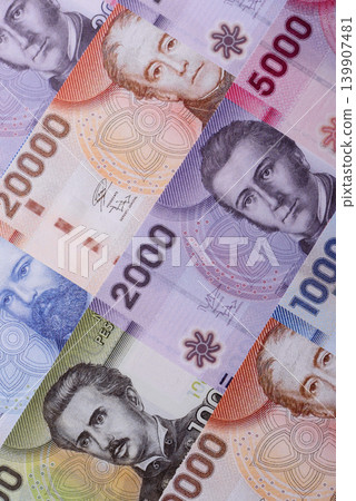 Chilean paper currency, peso, for financial transactions and exchange. Chilean peso currency 139907481