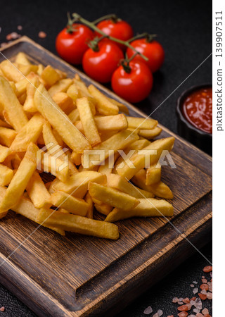 Crispy, fresh, golden French fries with salt, unhealthy takeaway food. French fries Crispy, fresh, golden French fries with salt, unhealthy takeaway food. French fries 139907511