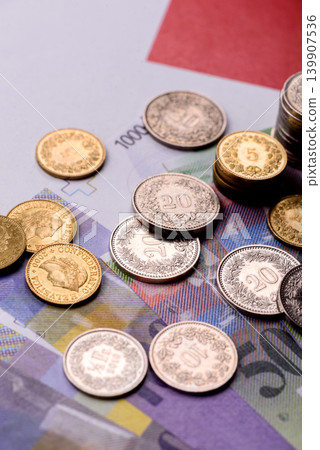 Switzerland, Swiss franc paper money and coins, financing and commodity exchange. Swiss currency Switzerland, Swiss franc paper money and coins, financing and commodity exchange. Swiss currency 139907536