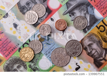 Australia, Australian paper money and coins, cash for financial transactions. Australian dollars Australia, Australian paper money and coins, cash for financial transactions. Australian dollars 139907551