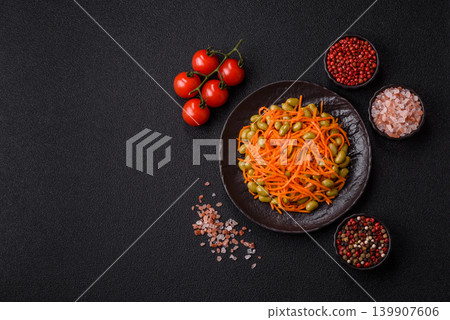 Asian salad with edamame beans, carrots, tofu, and spices. Edamame and carrot salad 139907606