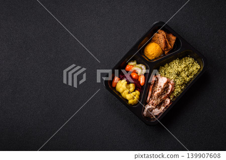 A bowl with chicken or turkey, porridge, vegetables, sauce, and spices. A meat bowl 139907608