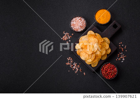 Crispy potato chips, golden slices seasoned with salt and spices. Potato chips Crispy potato chips, golden slices seasoned with salt and spices. Potato chips 139907621