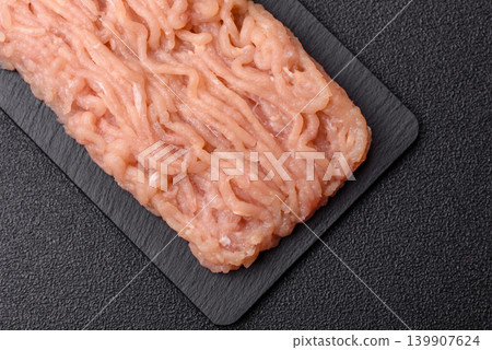 Raw fresh ground chicken, turkey, or pork for burgers or meatballs. Raw ground chicken 139907624