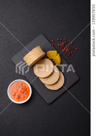 Foie gras, sliced chicken liver with fruit jam for French toast. Foie gras 139907650