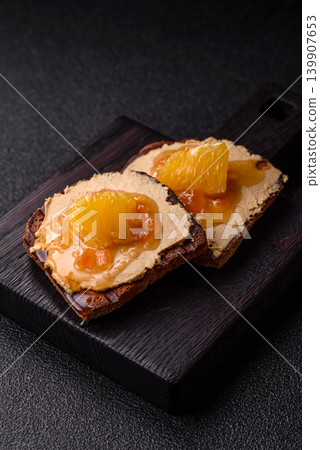 Foie gras, sliced chicken liver with fruit jam for French toast. Foie gras Foie gras, sliced chicken liver with fruit jam for French toast. Foie gras 139907653