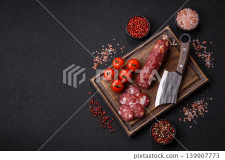 Smoked or dry cured salami slices or ham with salt and spices. Smoked sausage Smoked or dry cured salami slices or ham with salt and spices. Smoked sausage 139907773