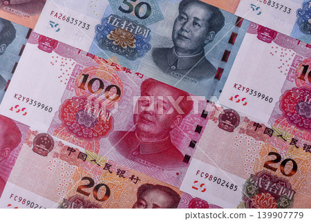 Chinese paper money, yuans in various denominations. China money Chinese paper money, yuans in various denominations. China money 139907779