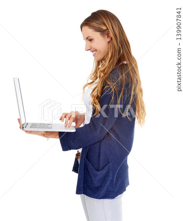 Woman, looking and studio with laptop search for website, social network and connection. Female person, information technology and streaming media, internet and research online with white background Woman, looking and studio with laptop search for website, social network and connection. Female person, information technology and streaming media, internet and research online with white background 139907841