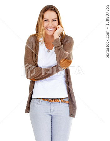 Woman, portrait and excited smile in studio with white background or good mood, mockup space or positivity. Female person, model and face or happy in Canada or joyful for peace, weekend or cheerful 139907855