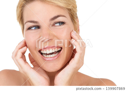 Skincare, smile and happy woman with hands on face in studio for soft, beauty or clean aesthetic on white background. Dermatology, shine and model excited for anti aging cosmetic result satisfaction Skincare, smile and happy woman with hands on face in studio for soft, beauty or clean aesthetic on white background. Dermatology, shine and model excited for anti aging cosmetic result satisfaction 139907869