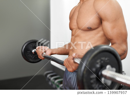 Man, shirtless and arm weightlifting for workout as bodybuilder for exercise strength, fitness or muscle. Person, athlete and topless with curl bar in Miami for health training, performance or gym Man, shirtless and arm weightlifting for workout as bodybuilder for exercise strength, fitness or muscle. Person, athlete and topless with curl bar in Miami for health training, performance or gym 139907937