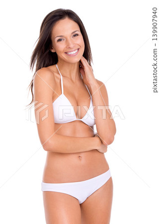 Happy woman, portrait and bikini for fashion and beauty with smile, swimwear style with cosmetics and skin on white background. Healthy glow, wellness with model in beach wear or underwear in studio Happy woman, portrait and bikini for fashion and beauty with smile, swimwear style with cosmetics and skin on white background. Healthy glow, wellness with model in beach wear or underwear in studio 139907940