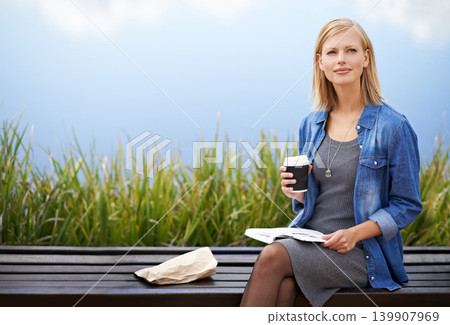 Coffee, park and woman on bench thinking with books for lunch break, relax and calm in nature. Contemplating, reading and person outdoors with caffeine drink, beverage and tea by lake on weekend Coffee, park and woman on bench thinking with books for lunch break, relax and calm in nature. Contemplating, reading and person outdoors with caffeine drink, beverage and tea by lake on weekend 139907969