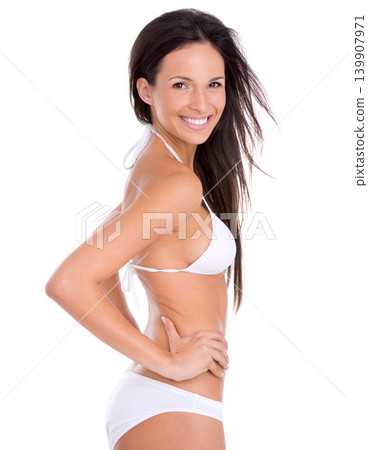 Woman, portrait and bikini in studio for summer or tropical confidence for vacation, wellness or white background. Female person, face and swimsuit in Florida relax or mockup space, health or beach Woman, portrait and bikini in studio for summer or tropical confidence for vacation, wellness or white background. Female person, face and swimsuit in Florida relax or mockup space, health or beach 139907971