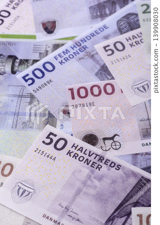 Money, currency of Denmark, Danish krone banknotes. Denmark, Danish money Money, currency of Denmark, Danish krone banknotes. Denmark, Danish money 139908030