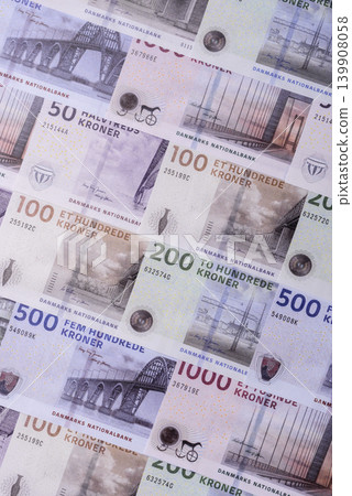 Money, currency of Denmark, Danish krone banknotes. Denmark, Danish money Money, currency of Denmark, Danish krone banknotes. Denmark, Danish money 139908058