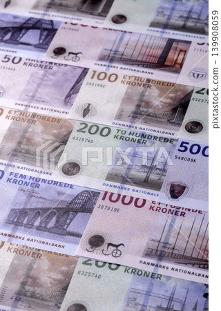 Money, currency of Denmark, Danish krone banknotes. Denmark, Danish money Money, currency of Denmark, Danish krone banknotes. Denmark, Danish money 139908059