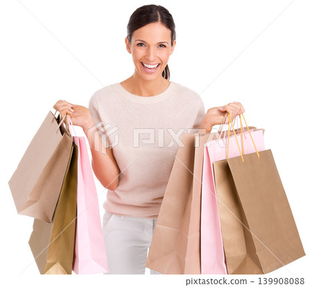 Woman, portrait and shopping bags for retail sale or customer discount, promotion or excited. Female person, face and boutique product in studio on white background for purchase, gift or mockup space Woman, portrait and shopping bags for retail sale or customer discount, promotion or excited. Female person, face and boutique product in studio on white background for purchase, gift or mockup space 139908088