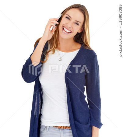 Woman, portrait and phone call for laughing in studio, networking and communication on white background. Female person, funny joke and app for conversation, contact and crazy gossip on technology Woman, portrait and phone call for laughing in studio, networking and communication on white background. Female person, funny joke and app for conversation, contact and crazy gossip on technology 139908089