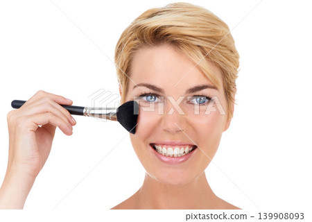 Makeup, brush and face of woman on a white background for wellness, skincare and beauty. Cosmetology, dermatology and portrait of happy person with tools for cosmetics, blush and foundation in studio 139908093