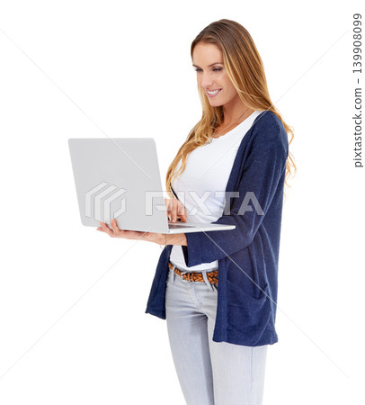 Woman, smile and studio with computer search for website, social network and connection. Female person, information technology and streaming media, internet and browsing online with white background Woman, smile and studio with computer search for website, social network and connection. Female person, information technology and streaming media, internet and browsing online with white background 139908099