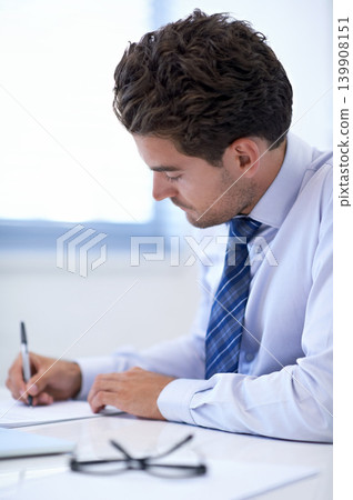 Businessman, document and writing notes for brainstorming, office and professional workspace. Male person, company and confident for finance broker, startup and entrepreneur for career and planning Businessman, document and writing notes for brainstorming, office and professional workspace. Male person, company and confident for finance broker, startup and entrepreneur for career and planning 139908151