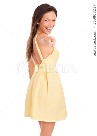 Happy woman, portrait and pointing to you for choice, pick or decision on a white studio background. Female person or model with smile in yellow dress or confidence for selection on mockup space Happy woman, portrait and pointing to you for choice, pick or decision on a white studio background. Female person or model with smile in yellow dress or confidence for selection on mockup space 139908217